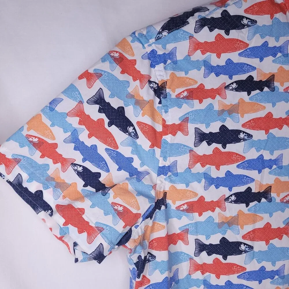J Crew Shirt Mens Medium Trout Print Colorful Short Sleeve Flex Washed Slim Fit